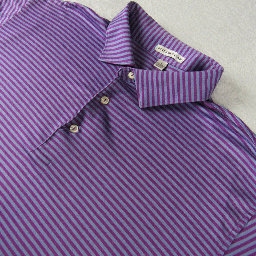 Peter Millar Polo Shirt Mens Large Purple Striped Pinehurst Golf Cotton